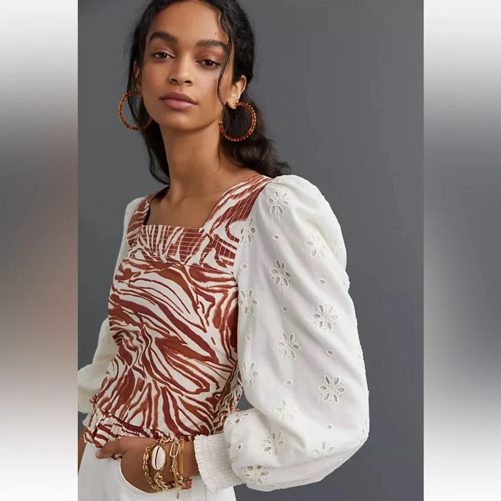 Anthropologie Love the Label Smocked Puff Sleeve Eyelet Blouse W2277 Sz M - Picture 1 of 11